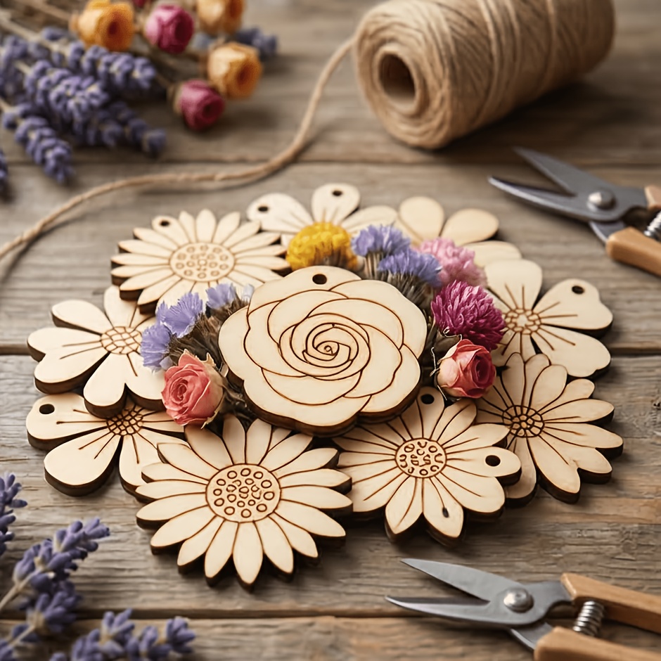 Easter Craft Embellishment Set - 50Pcs/set 35mm Potongan Kayu Bunga Campuran