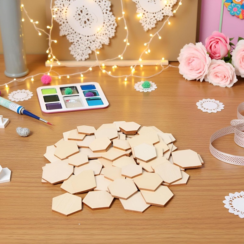 50PCS Potongan Kayu Heksagon 4 - Craft Embellishments ulasan dan harga